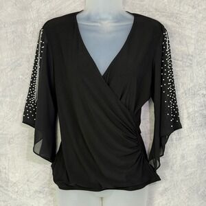 MSK Pearl Embellished Flutter Sleeve Top Womens Sz S Black feminine twee elegant